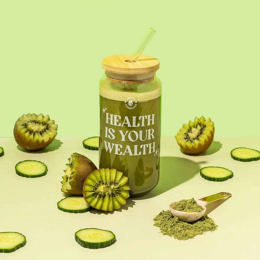 Unicorn Superfoods -Health Is Your Wealth Glass Tumbler