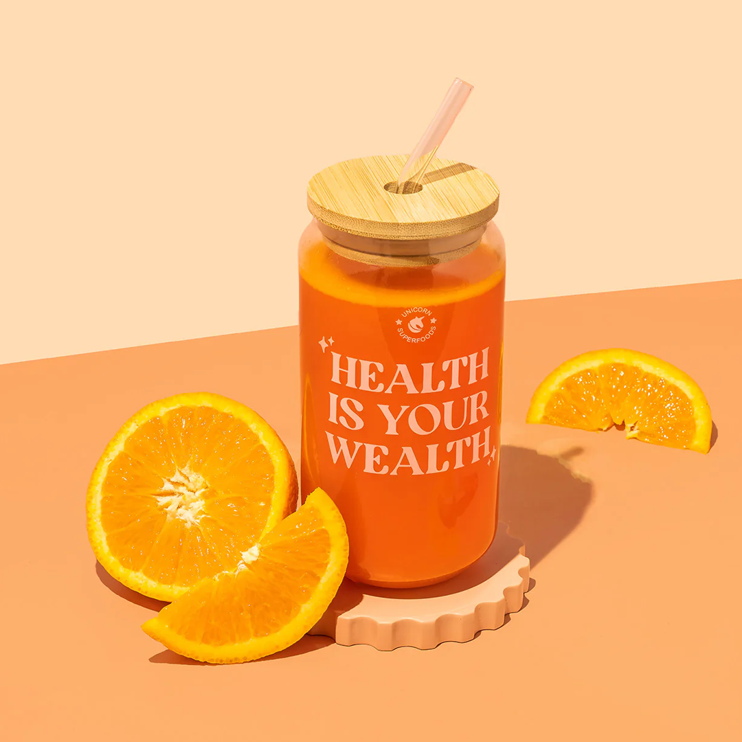 Unicorn Superfoods -Health Is Your Wealth Glass Tumbler